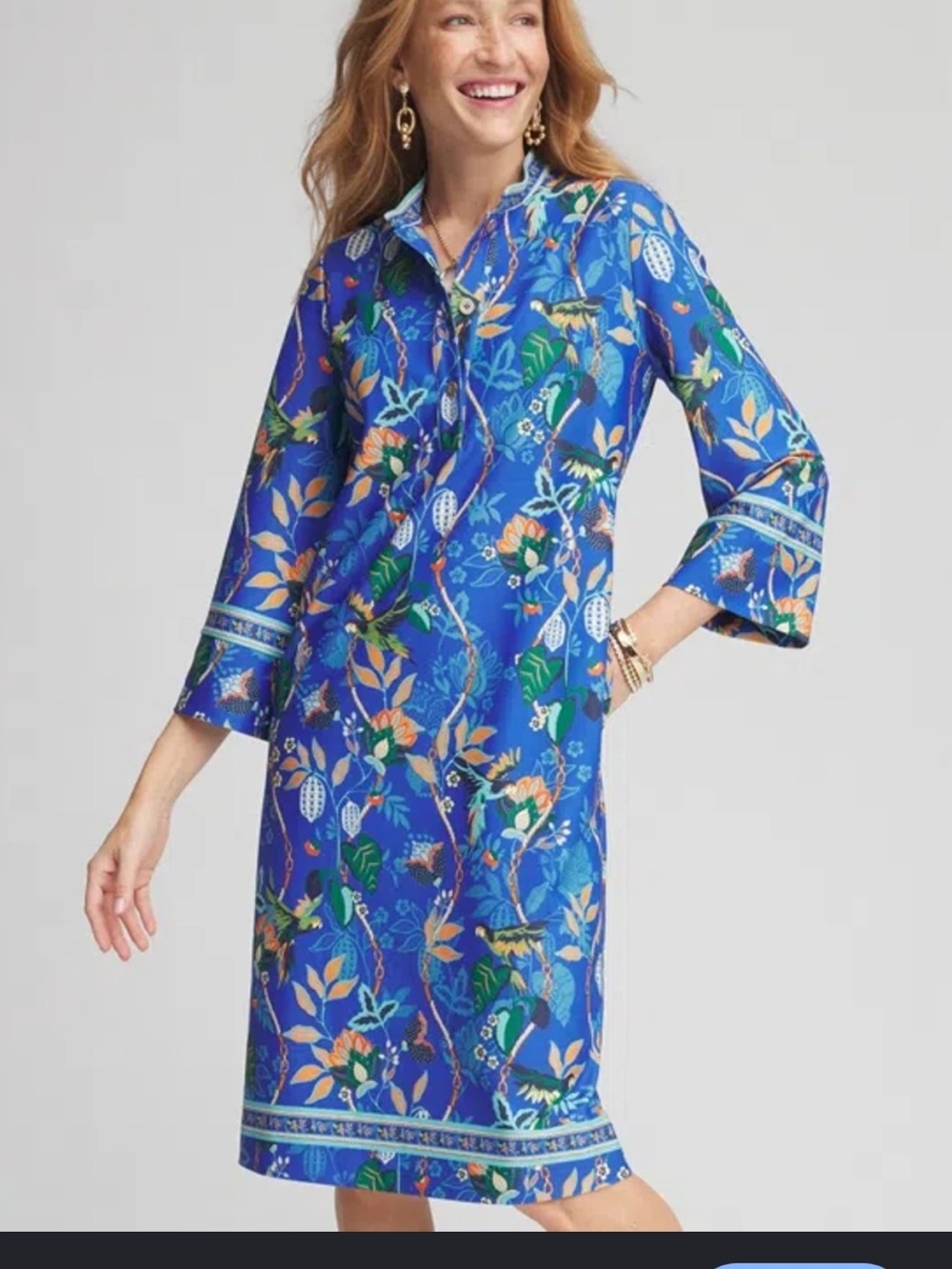 Chico’s Blue Turkish Sea Scuba Midi Shirt Dress Parrots Tropical Size XL